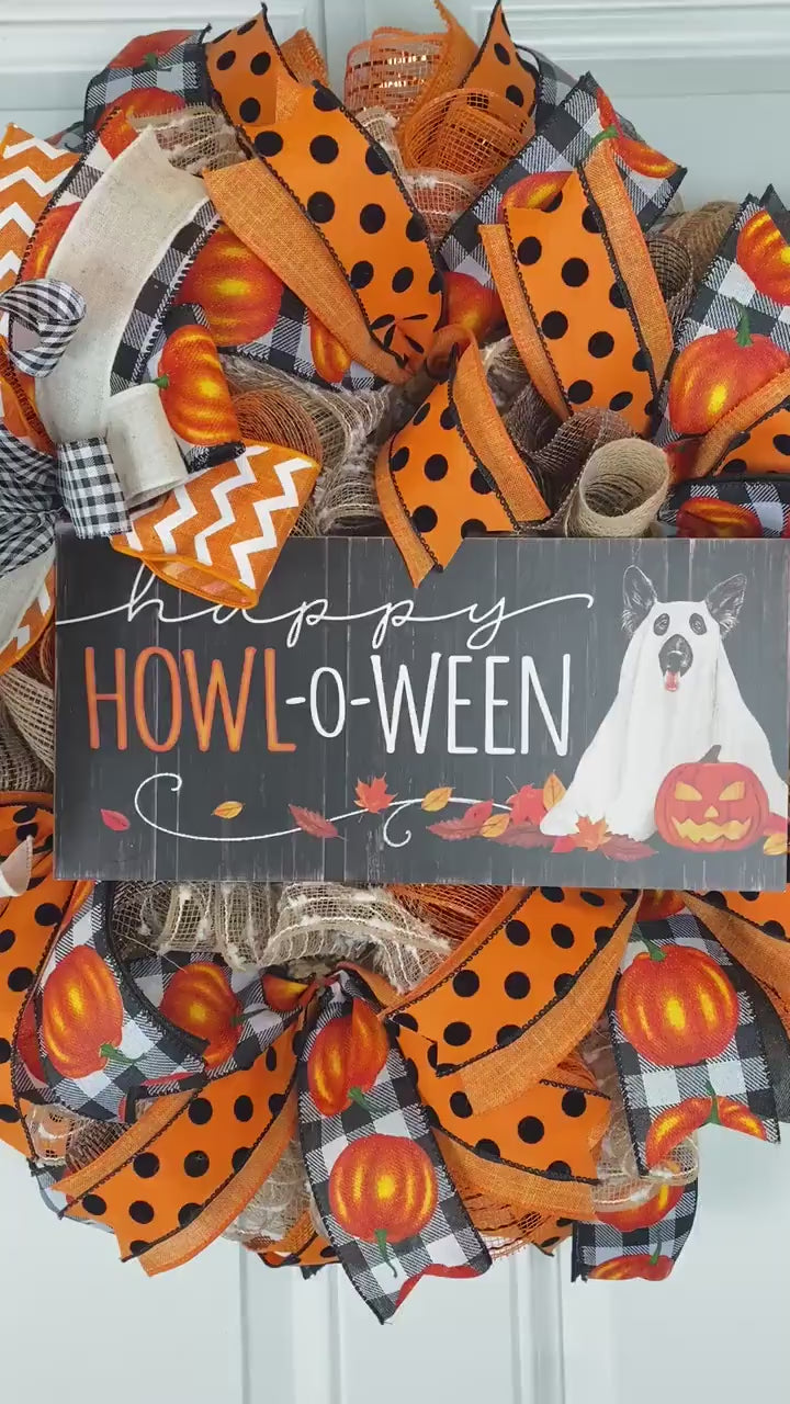 Whimsical Halloween Dog Wreath, Happy Howl-o-ween, October Door Decor