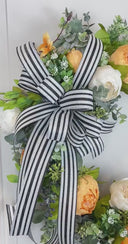 Peony Summer Wreath: Peach, Cream Flowers, Black & White Bow