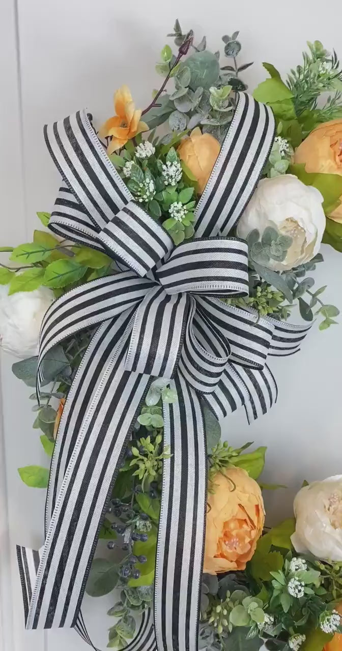 Peony Summer Wreath: Peach, Cream Flowers, Black & White Bow
