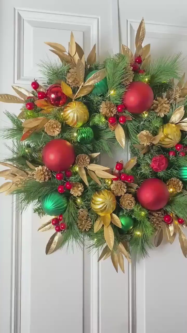 Lighted Red Green Gold Christmas Ornament Pinecone Wreath, Holiday Ornament Wreath, Winter Porch Decor