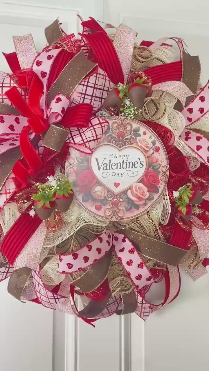 Chocolate Valentine Wreath with Faux Chocolate Strawberry Accents
