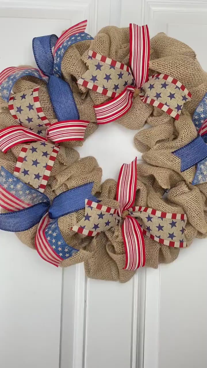 Burlap Patriotic Wreath: Vintage Flag Decor with Ribbons