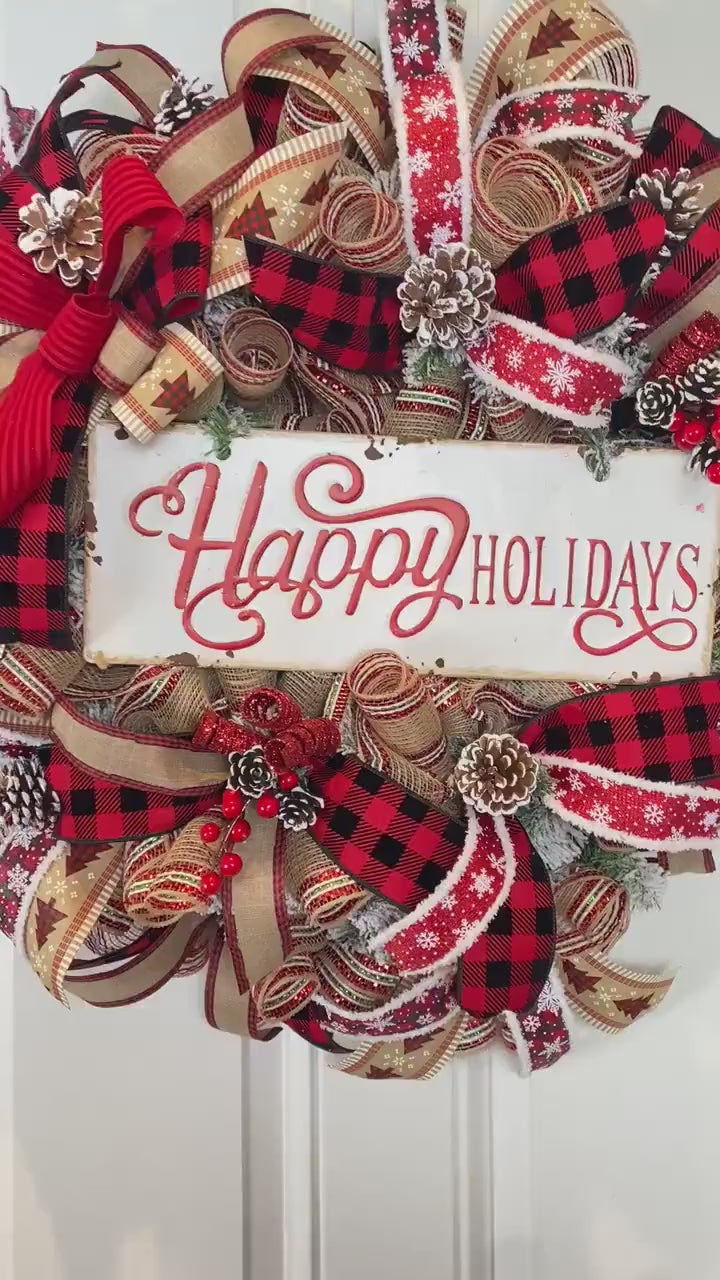 XL Farmhouse Holiday Wreath, Winter Wreath, Buffalo Plaid Decor, front door porch decor