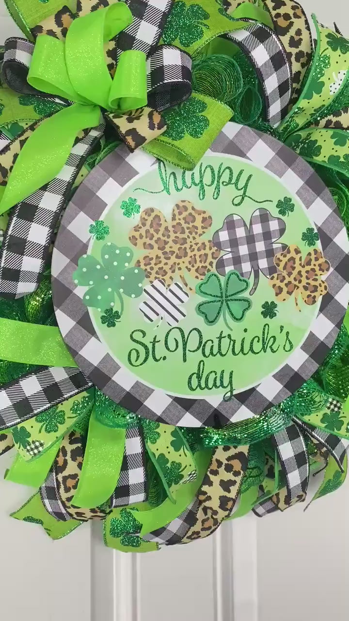 St. Patrick's Day Wreath: Green Leopard & Check Ribbon Door Decor