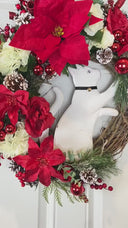 Christmas Cat Poinsettia Wreath,Ornament Pinecone Wreath, Holiday Ornament Wreath, Winter Porch Decor