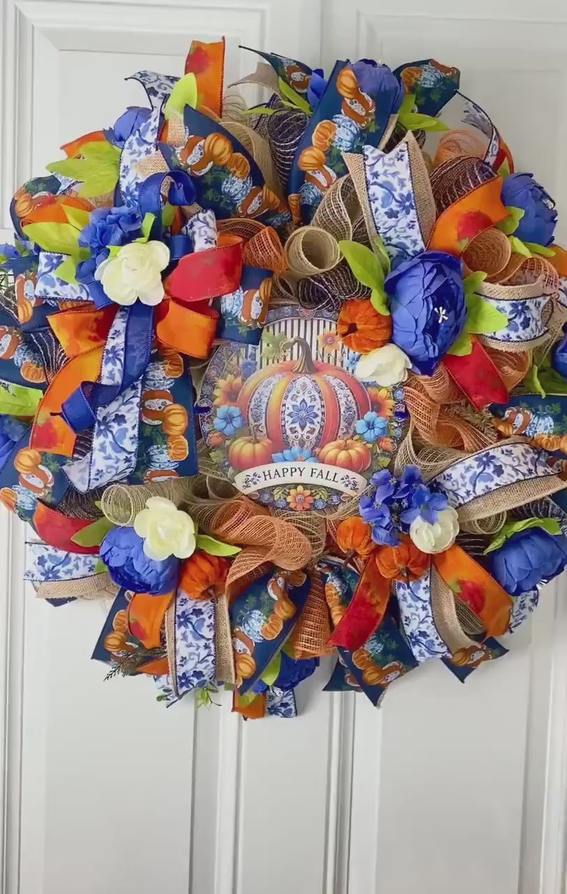 Blue Peony Pumpkin Fall Wreath: Farmhouse Autumn Decor (28” x 6”)