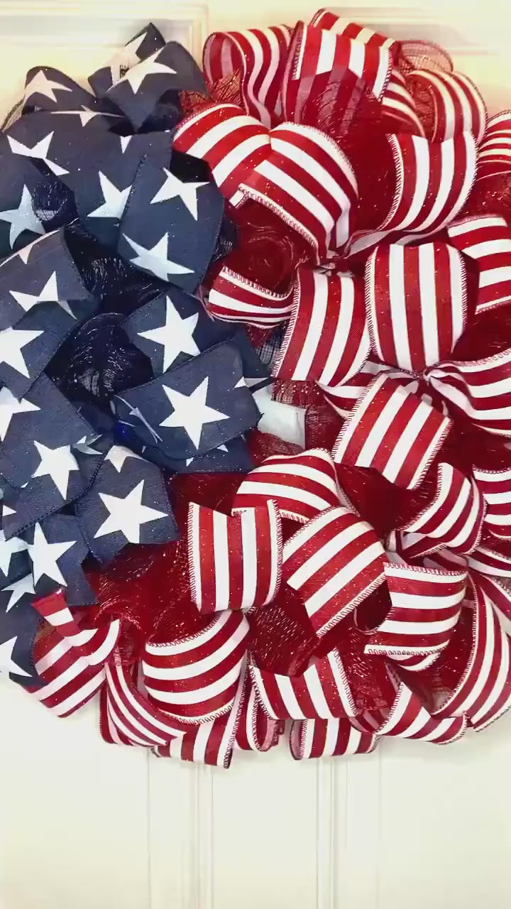 Glittered Americana Flag Wreath, Patriotic Red White Blue Front Door Decor