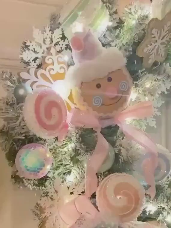 Lighted Pastel Gingerbread Wreath: Holiday Front Door Decor, Candyland