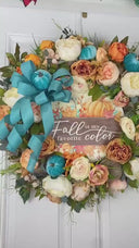 Teal Turquoise Fall Pumpkin Floral Peony-Ranunculus Wreath