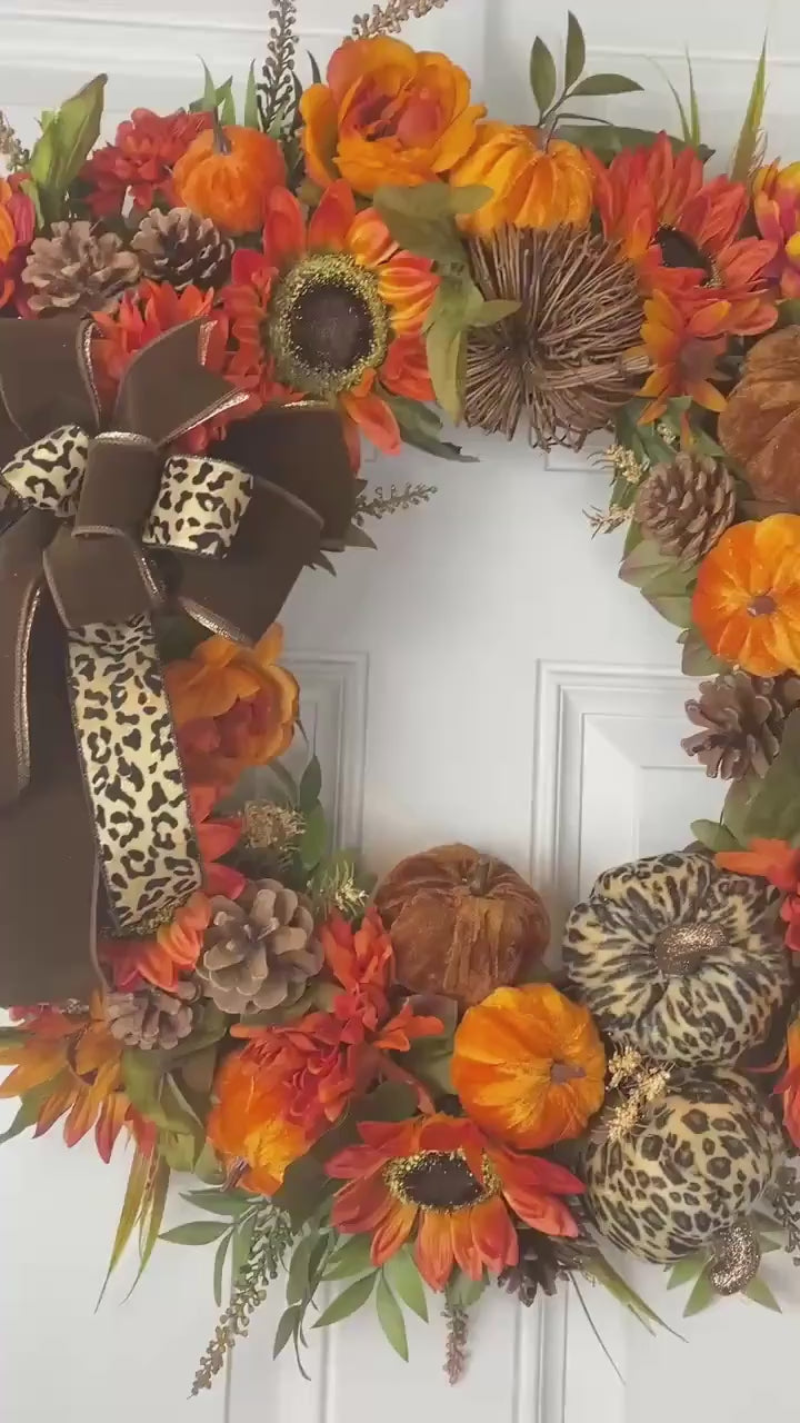 Pumpkin Sunflower Wreath: Wild Leopard Autumn Decor