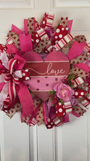 Valentine Heart Wreath: Pink Peony, Red Ribbon, Love Decor