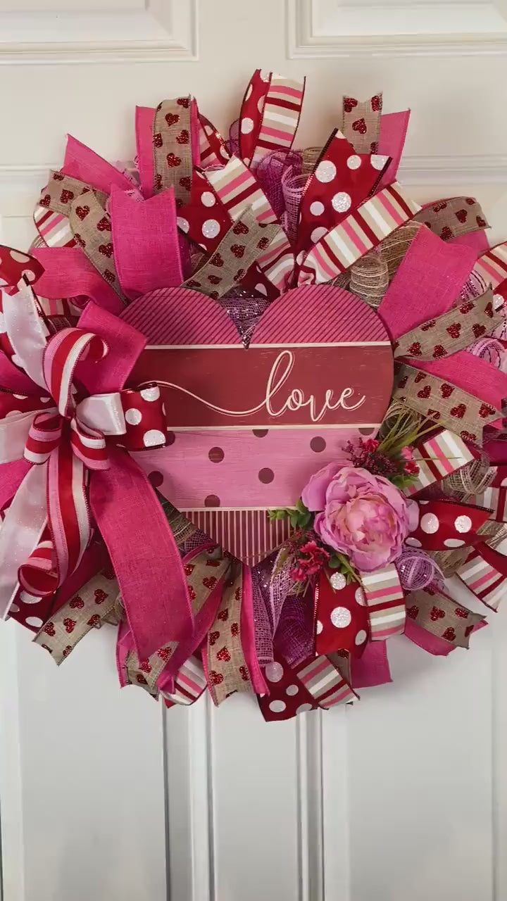 Valentine Heart Wreath: Pink Peony, Red Ribbon, Love Decor