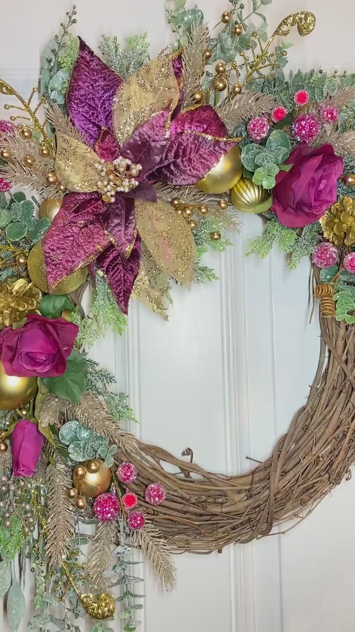 Poinsettia Christmas Wreath: Purple, Magenta & Gold Ornament Decor
