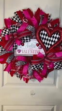 Harlequin Heart Valentine Wreath, Red Velvet & Black White Ribbon Decor