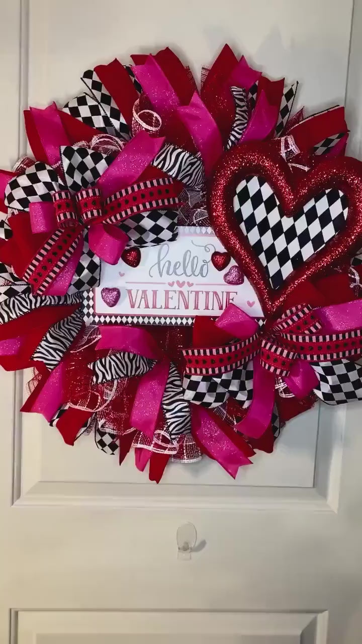 Harlequin Heart Valentine Wreath, Red Velvet & Black White Ribbon Decor