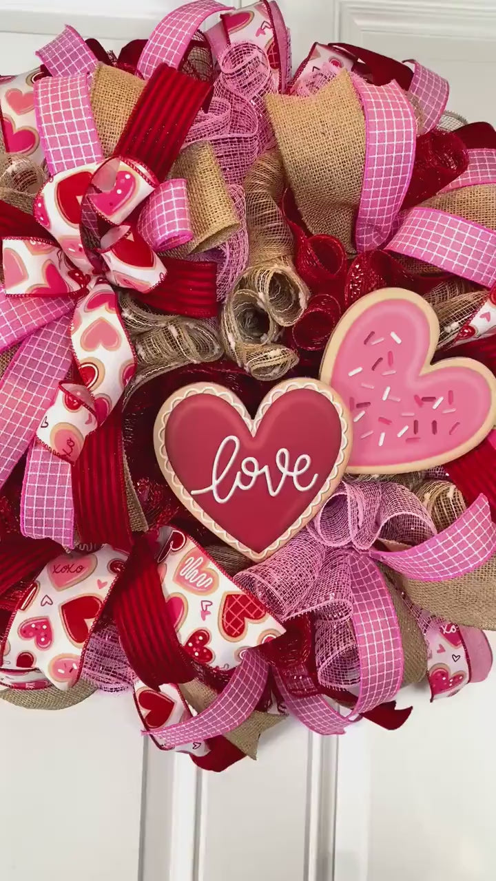 Conversation Heart Valentine Wreath, Pink Red Cookie Front Door Decor, Gift for Her