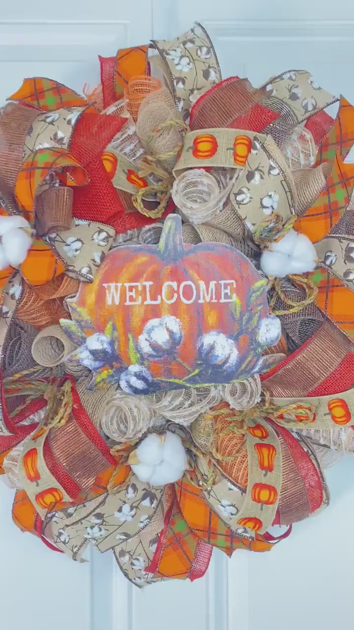 Fall Cotton Blossom Wreath: Farmhouse Pumpkin Thanksgiving Decor