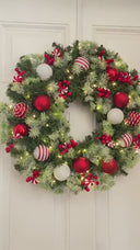 Peppermint Ornament Christmas Wreath, Lighted Red White Holiday Farmhouse Front Door