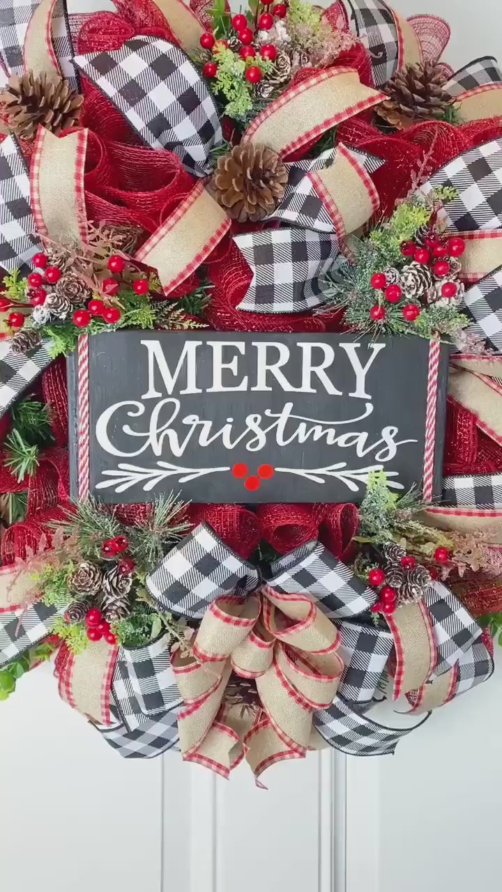 XL Christmas Wreath: Farmhouse Buffalo Plaid, Pinecone & Berry Winter Decor