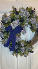 Blueberry Rose Wreath: Velvet Ribbon Farmhouse Door Decor