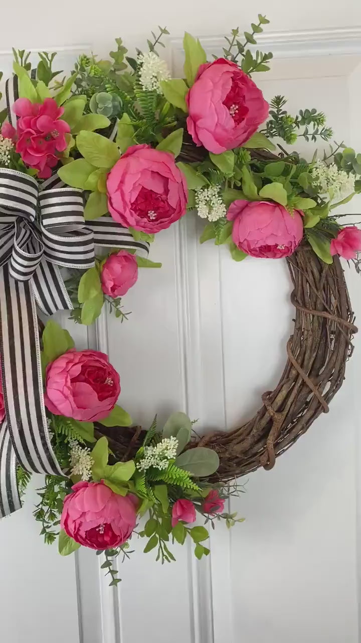 Peony Wreath: Watermelon Flowers, Black and White Bow, Front Door Decor