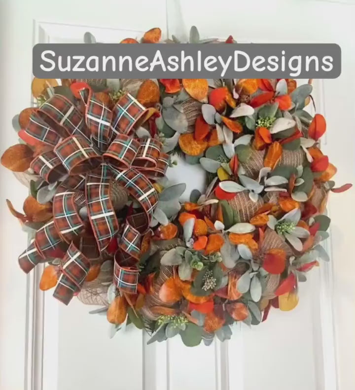 Fall Lambs Ear Burlap Wreath, with flower and size options