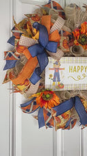 Sunflower Scarecrow Fall Wreath: Burlap & Denim Farmhouse Decor
