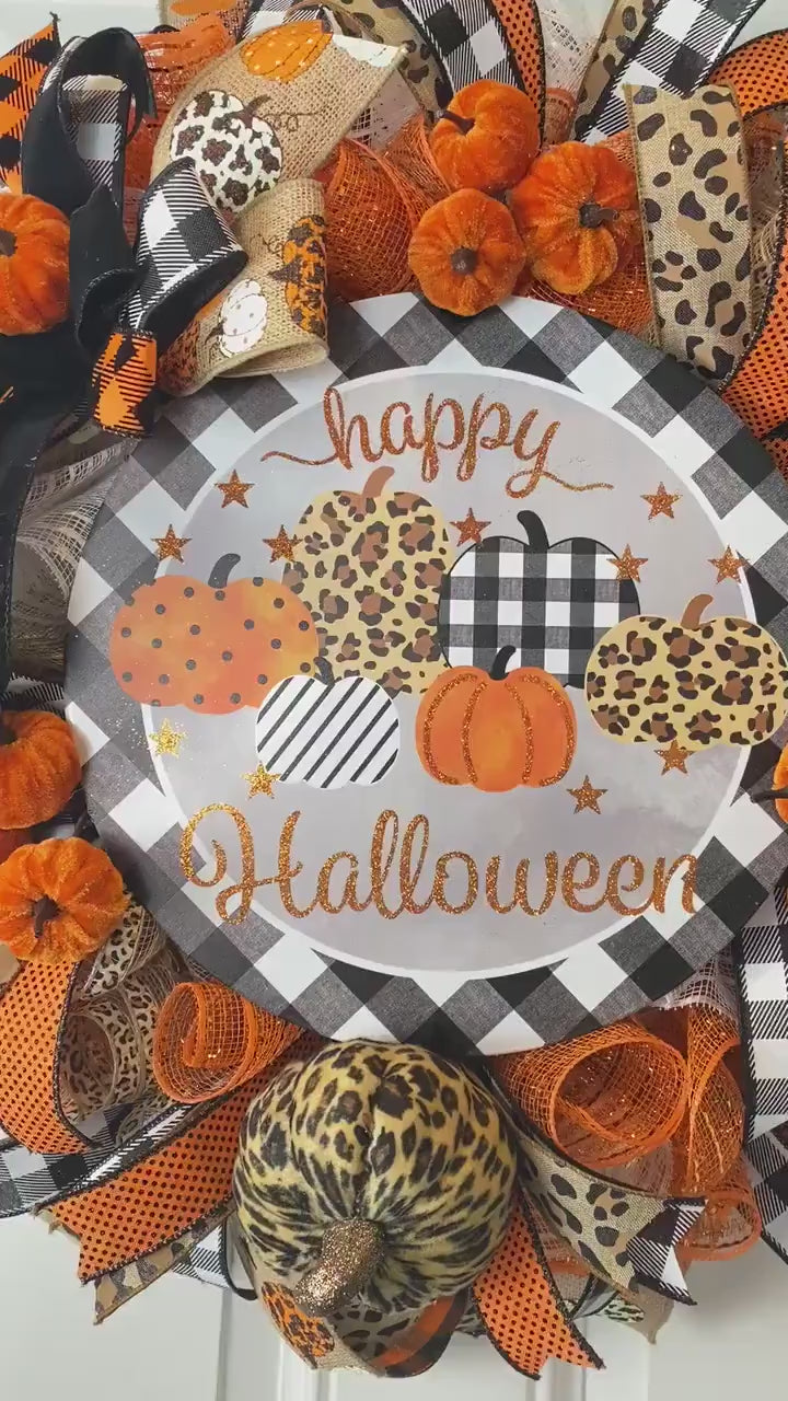 Halloween Wreath with Leopard Pumpkin and Buffalo Check Accents