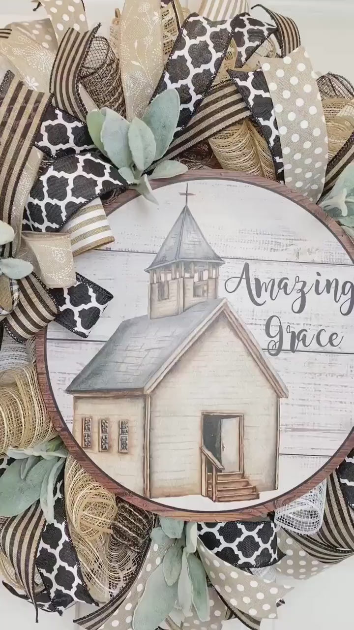 Farmhouse Wreath, Church, Amazing Grace Christian Decor, Summer Wreath Front Door,  Farmhouse All Season Wreath, Summer