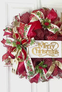 Elegant Gold and Red Nativity Wreath with Holly Berry Embellishments