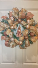 Lighted Rose Gold Wreath, Christmas Ornament Wreath, Holiday Porch Decor