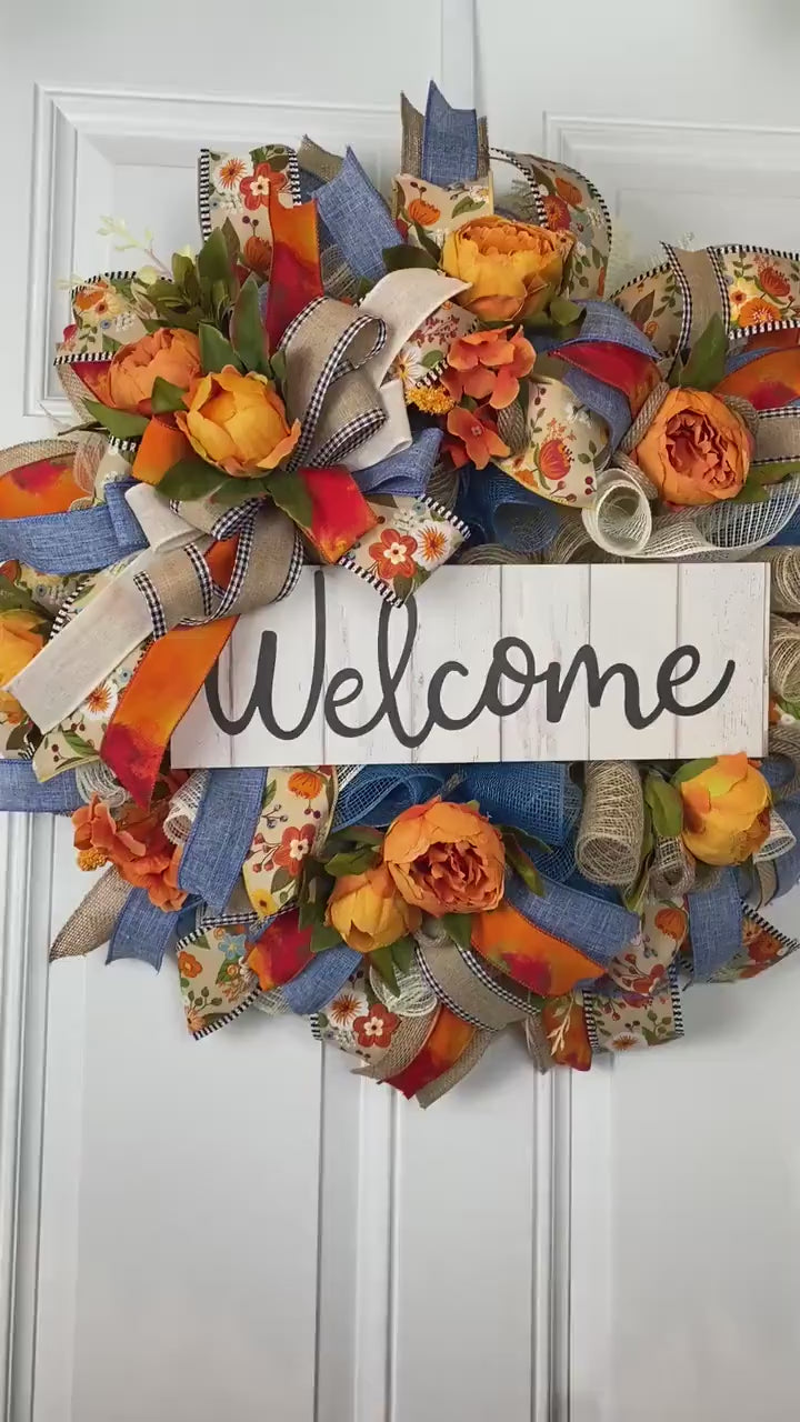 Everyday Wreath, Farmhouse Decor, Peony, Denim, Burlap, Front Door,  Farmhouse All Season Wreath, Spring Wreath, Summer Deco Mesh