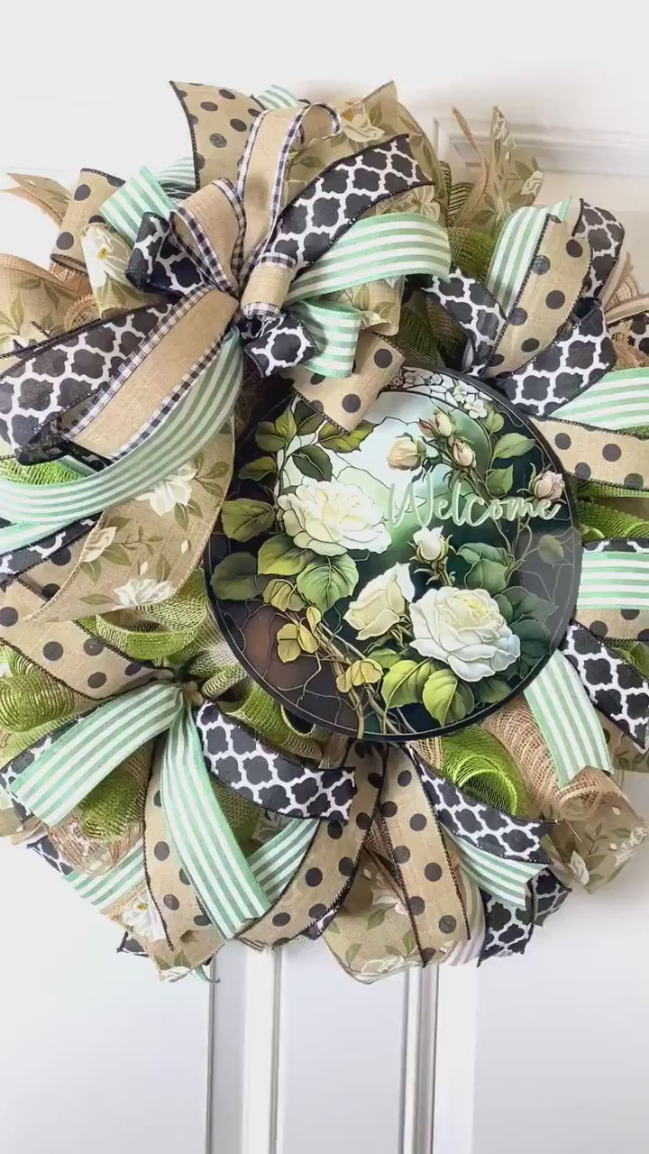 Summer Wreath Front Door, Farmhouse Stained Glass Wreath, Everyday Wreath, Summer Deco Mesh