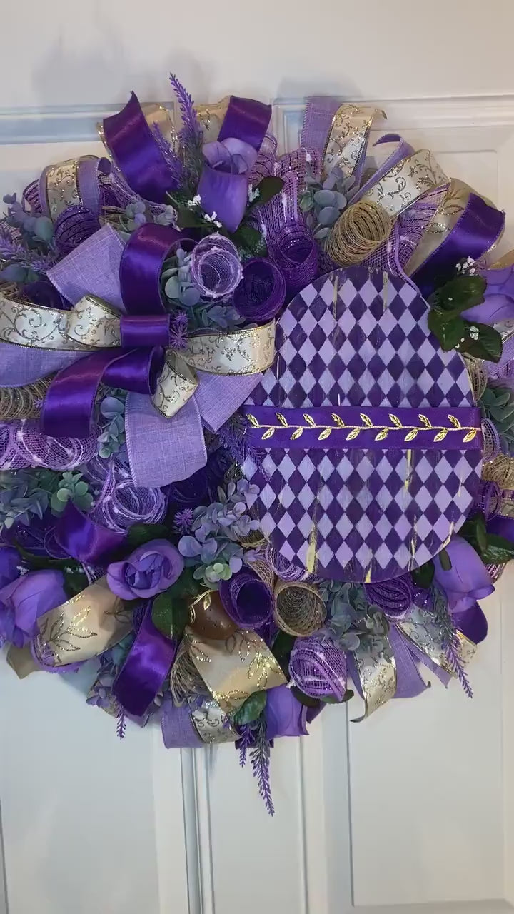 Harlequin Easter Egg Wreath: Purple Spring Door Decor