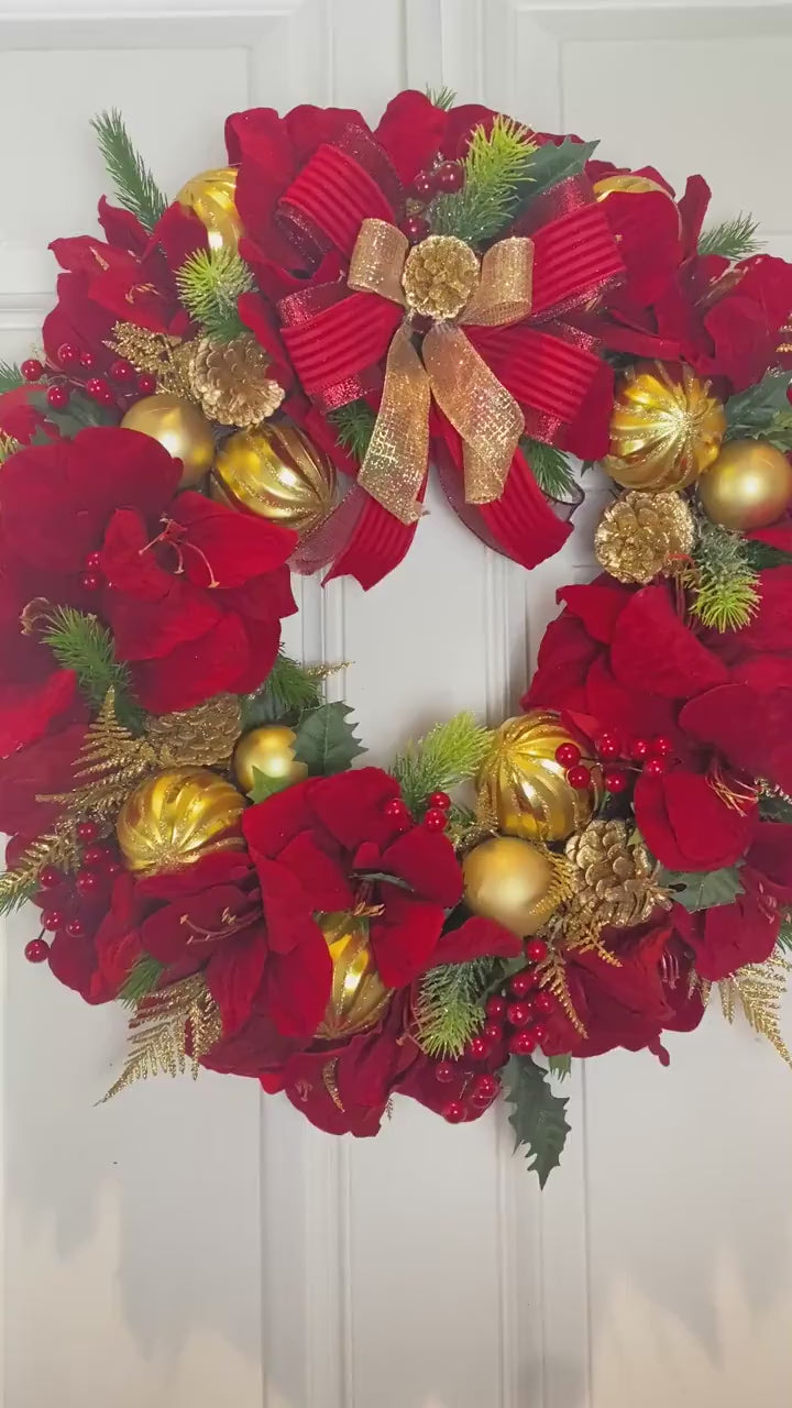 Lighted Red Amaryllis Pinecone Ornament Wreath: Winter Holiday Porch Decor