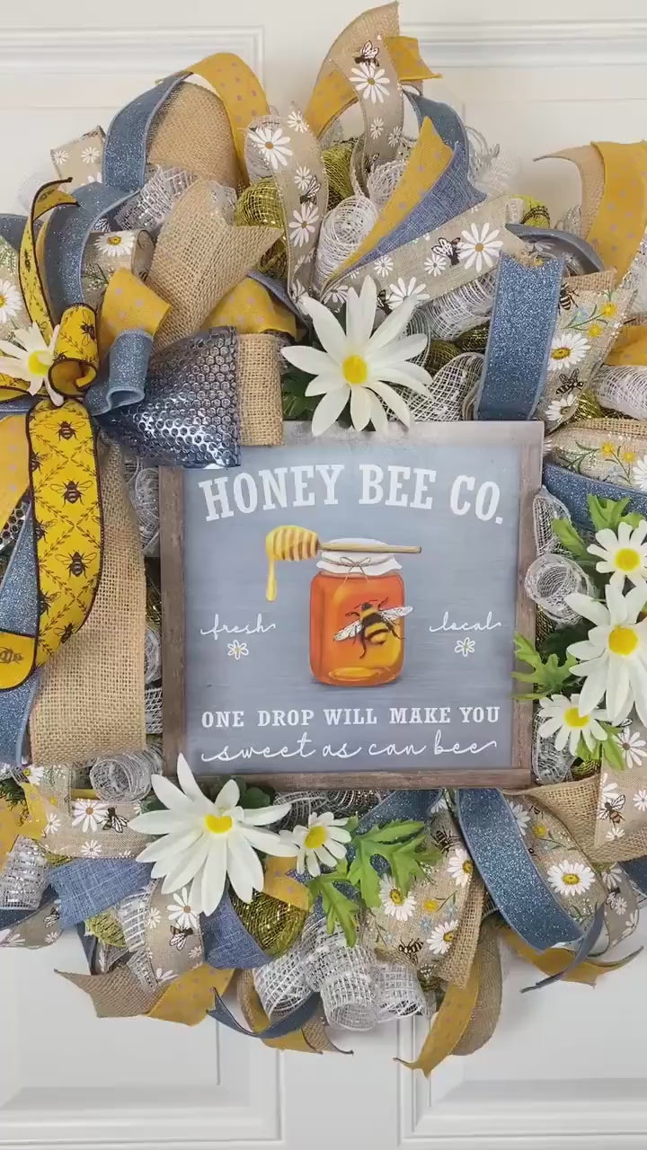 XL Everyday Honey Bee Wreath Front Door,  Farmhouse All Seasons Wreath, Spring Wreath, Summer Deco Mesh