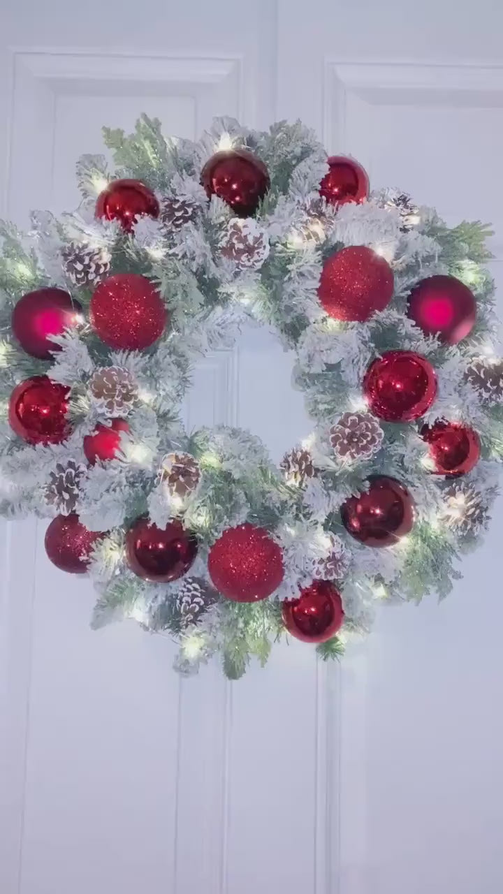 Lighted Red Ornament Pinecone Wreath: Winter Holiday Porch Decor
