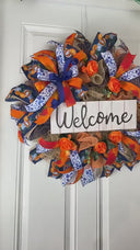 Blue Toile Pumpkin Fall Wreath: Orange Peony, Front Door Decor