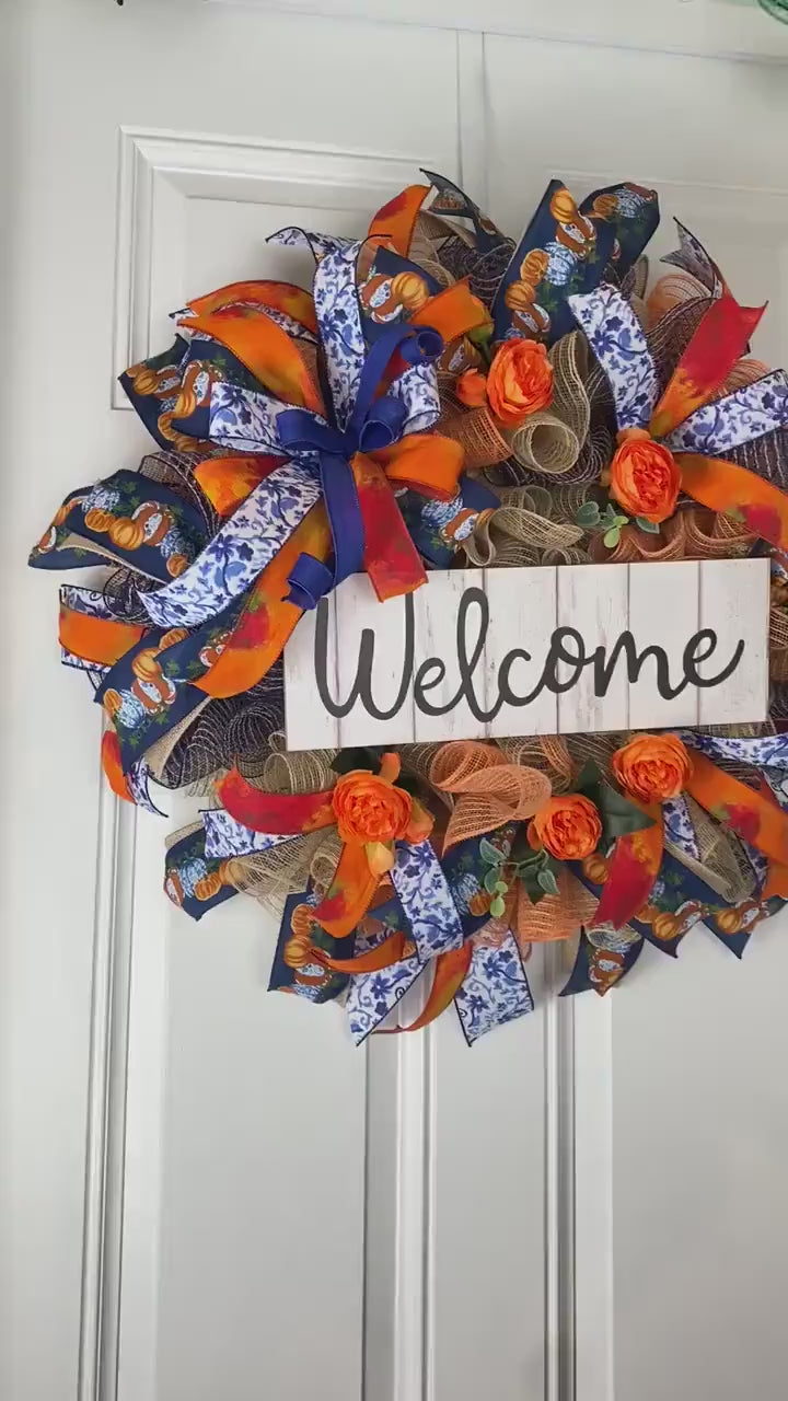 Blue Toile Pumpkin Fall Wreath: Orange Peony, Front Door Decor