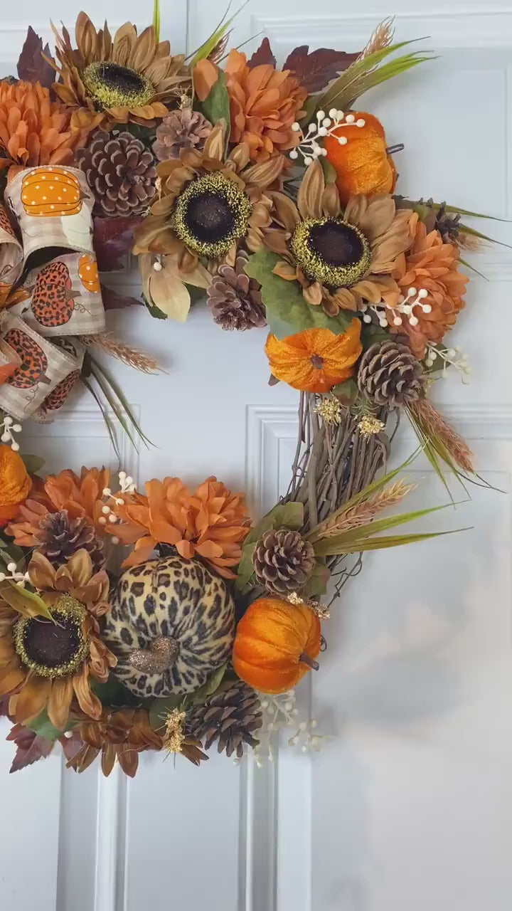 Fall Floral Leopard Pumpkin Wreath