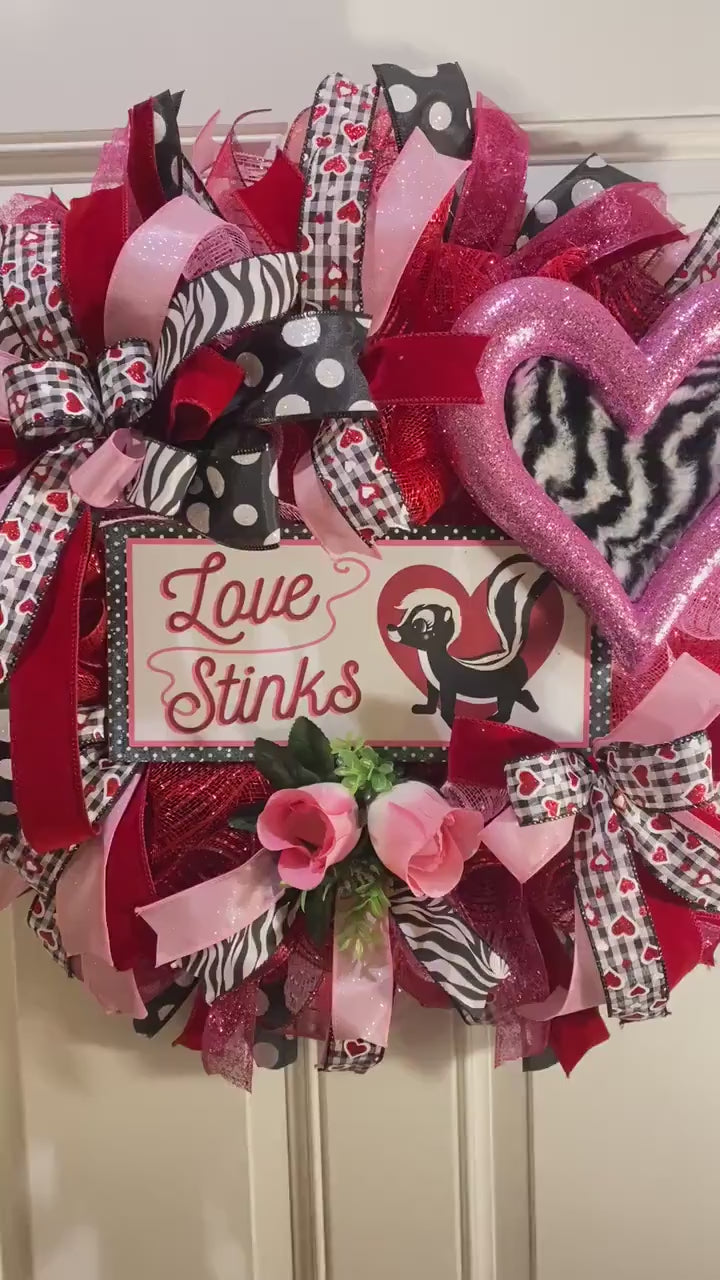 Love Stinks Valentine Wreath: Furry Skunk Heart, Zebra Print