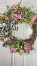 Pink Peony Wreath: French Country Door Decor with Striped Bow