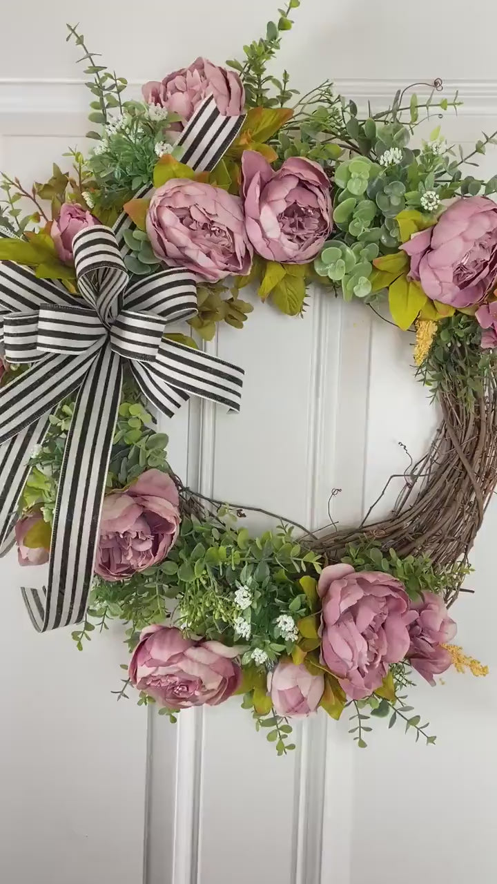 Pink Peony Wreath: French Country Door Decor with Striped Bow