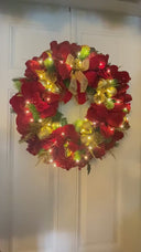 Lighted Red Amaryllis Pinecone Ornament Wreath: Winter Holiday Porch Decor