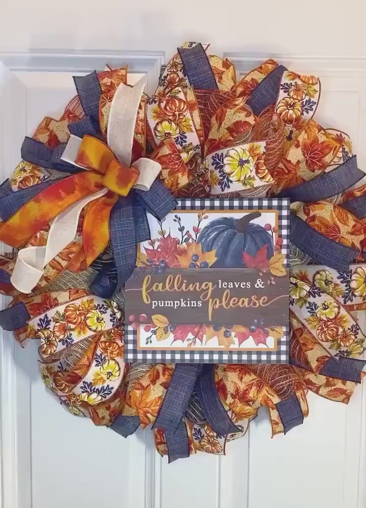 Fall Wreath, Farmhouse Pumpkin, Blue And Orange,  Autumn Harvest Party, Thanksgiving Porch Decor