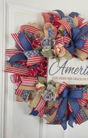 Summer Wreath, Rustic Patriotic Wreath, Fourth of July Wreath, Deluxe Flag Wreath, Red Cream and Blue Wreath, farmhouse decor