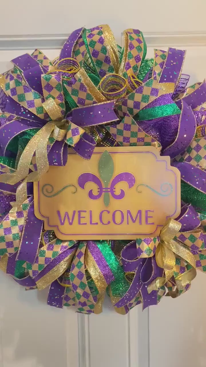 Mardi Gras Wreath: Glittered Deco Mesh, Front Door Decor (25" x 7")