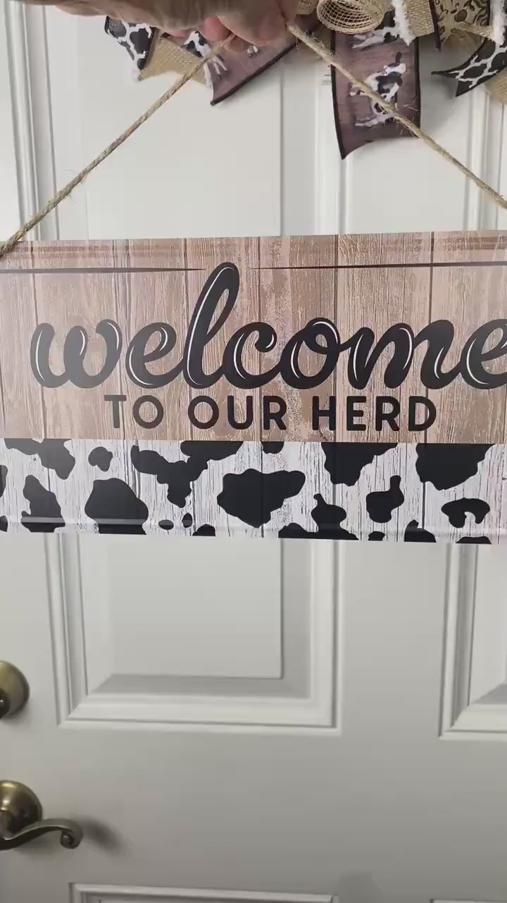 12" Welcome to our Herd Black Cow Sign / Embossed Tin Wreath Sign