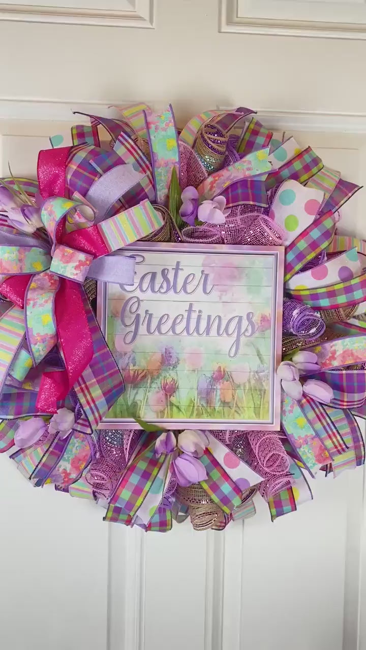 Purple Easter Wreath: Spring Tulips, "Easter Greetings" Sign