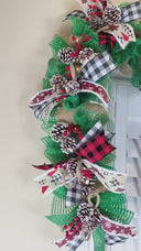 Lighted Farmhouse Christmas Garland Buffalo check holiday decor for front door, double doors, Merry Christmas
